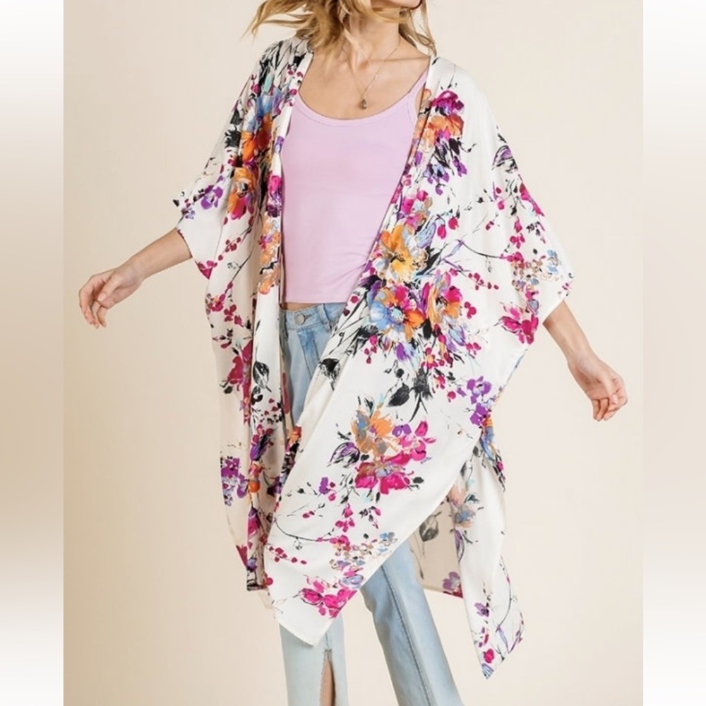 Umgee Boho Floral Print Longline Open Front Kimono Rayon